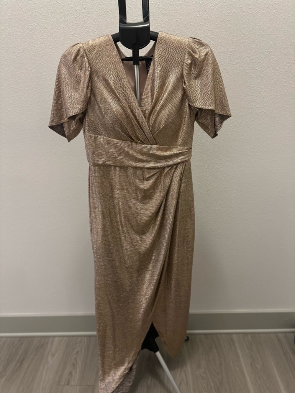 Night Way Collections Metallic Gold High-Low Wrap Dress